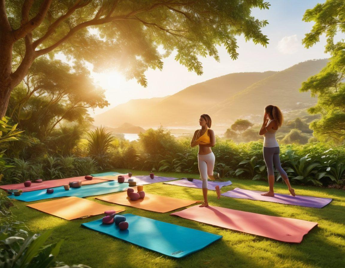 A vibrant scene depicting a serene outdoor setting with a diverse group of people engaging in holistic wellness activities, such as yoga, meditation, and healthy cooking. Include lush greenery, a golden sunrise, and symbols of fitness like dumbbells and running shoes interspersed. The individuals should represent various cultures, emphasizing unity and diversity in well-being practices. The overall mood should be uplifting and inspiring, inviting the viewer to embrace a holistic lifestyle. super-realistic. vibrant colors. scenic background.
