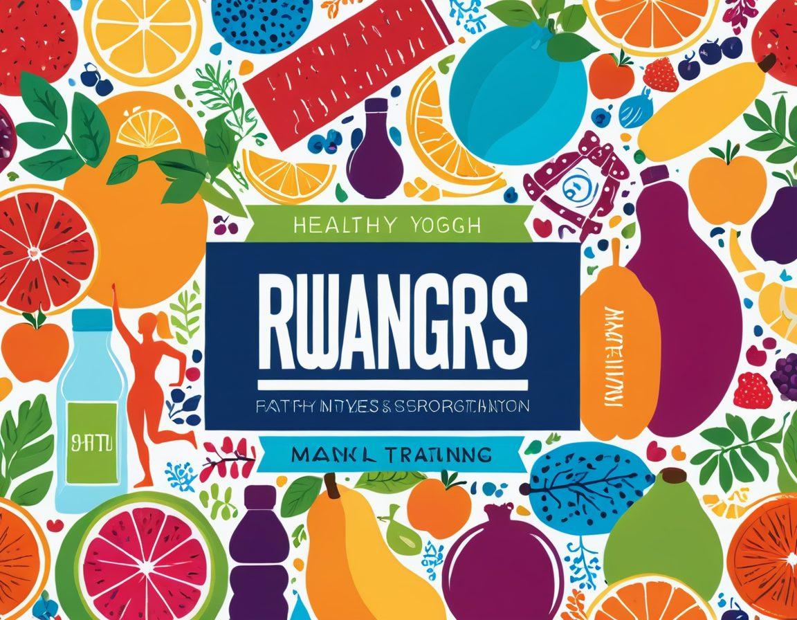 A collage showcasing diverse individuals engaging in various fitness activities like running, yoga, and strength training, surrounded by colorful fruits and nutritious meals symbolizing healthy nutrition. Incorporate motivational quotes in a stylish font, and include elements like a measuring tape and water bottle to enhance the theme of fitness journey. bright colors. modern infographic style.