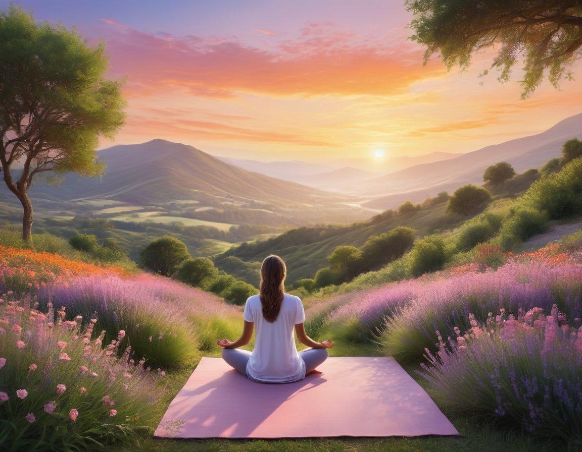 A colorful, serene scene featuring a person meditating on a lush green hilltop at sunrise, surrounded by blooming flowers and gentle breezes. Incorporate elements of wellness like a glass of fresh juice, yoga mats, and essential oils nearby. Showcase a vibrant sky with soft pastels blending together, symbolizing vitality and rejuvenation. Include subtle rays of sunlight illuminating the scene to enhance the feeling of warmth and positivity. super-realistic. vibrant colors. peaceful atmosphere.
